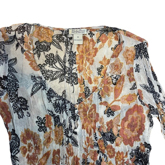 Lucky Brand Women’s Floral Cream Sheer 3/4 Sleeve V Neck Top - Picture 3 of 5